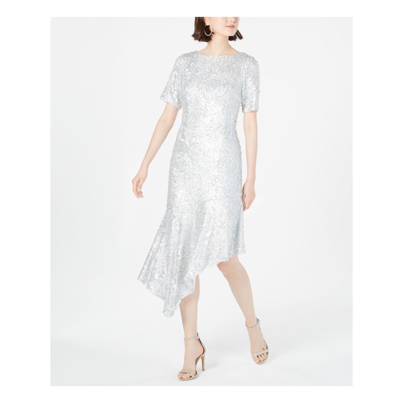 Nwt Adrianna Papell Womens Silver Short Sleeve Midi Sheath Party Dress Size: 14